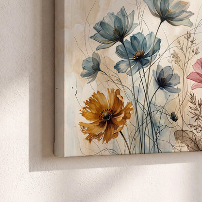 Airy blue, ochre and blush flowers on a warm cream background 3 piece canvas wall art material and edge close up