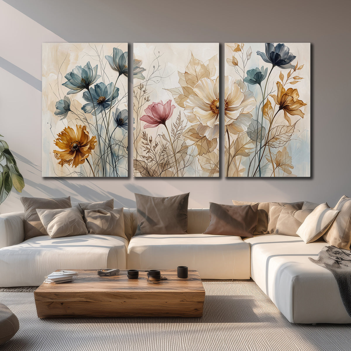 Airy blue, ochre and blush flowers on a warm cream background 3 piece canvas wall art displayed in a living room