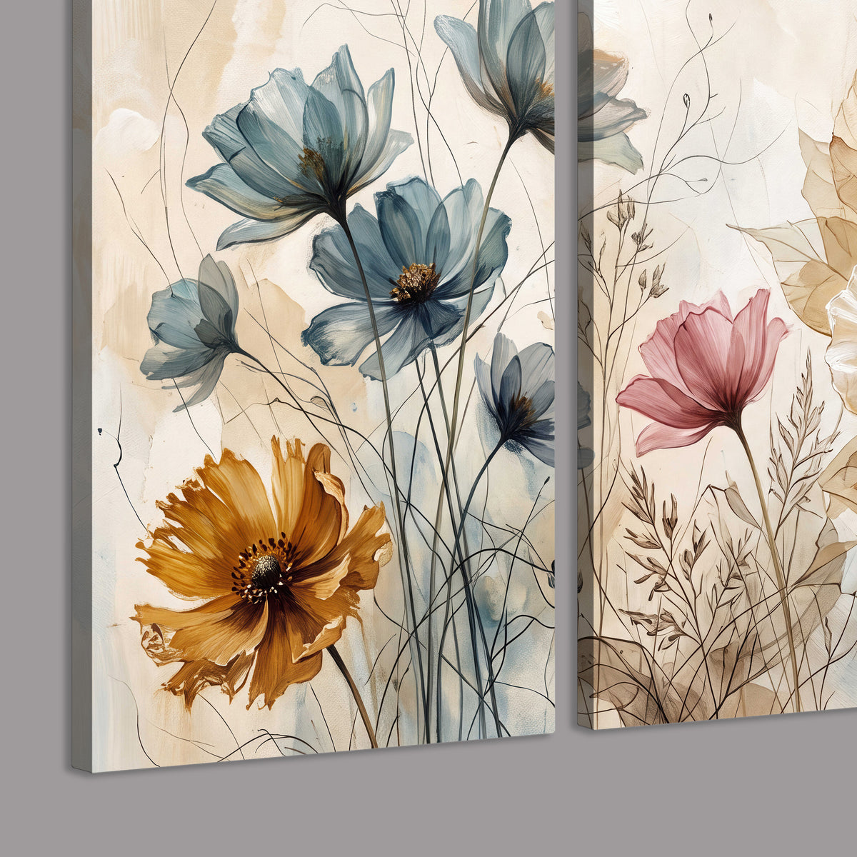 Airy blue, ochre and blush flowers on a warm cream background 3 piece canvas wall art room and product view