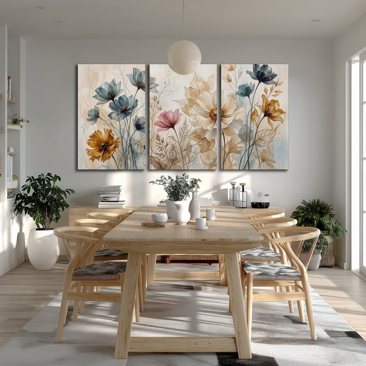 Airy blue, ochre and blush flowers on a warm cream background 3 piece canvas wall art room and product view