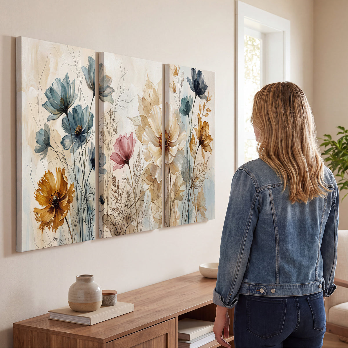 Airy blue, ochre and blush flowers on a warm cream background 3 piece canvas wall art three panel arrangement on a wall