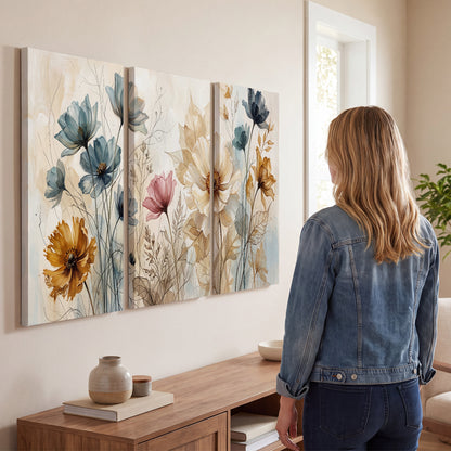 Airy blue, ochre and blush flowers on a warm cream background 3 piece canvas wall art three panel arrangement on a wall