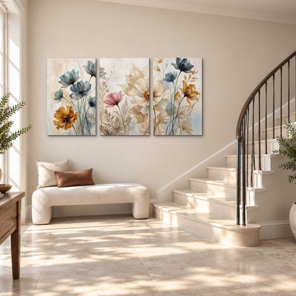 Airy blue, ochre and blush flowers on a warm cream background 3 piece canvas wall art styled in an interior