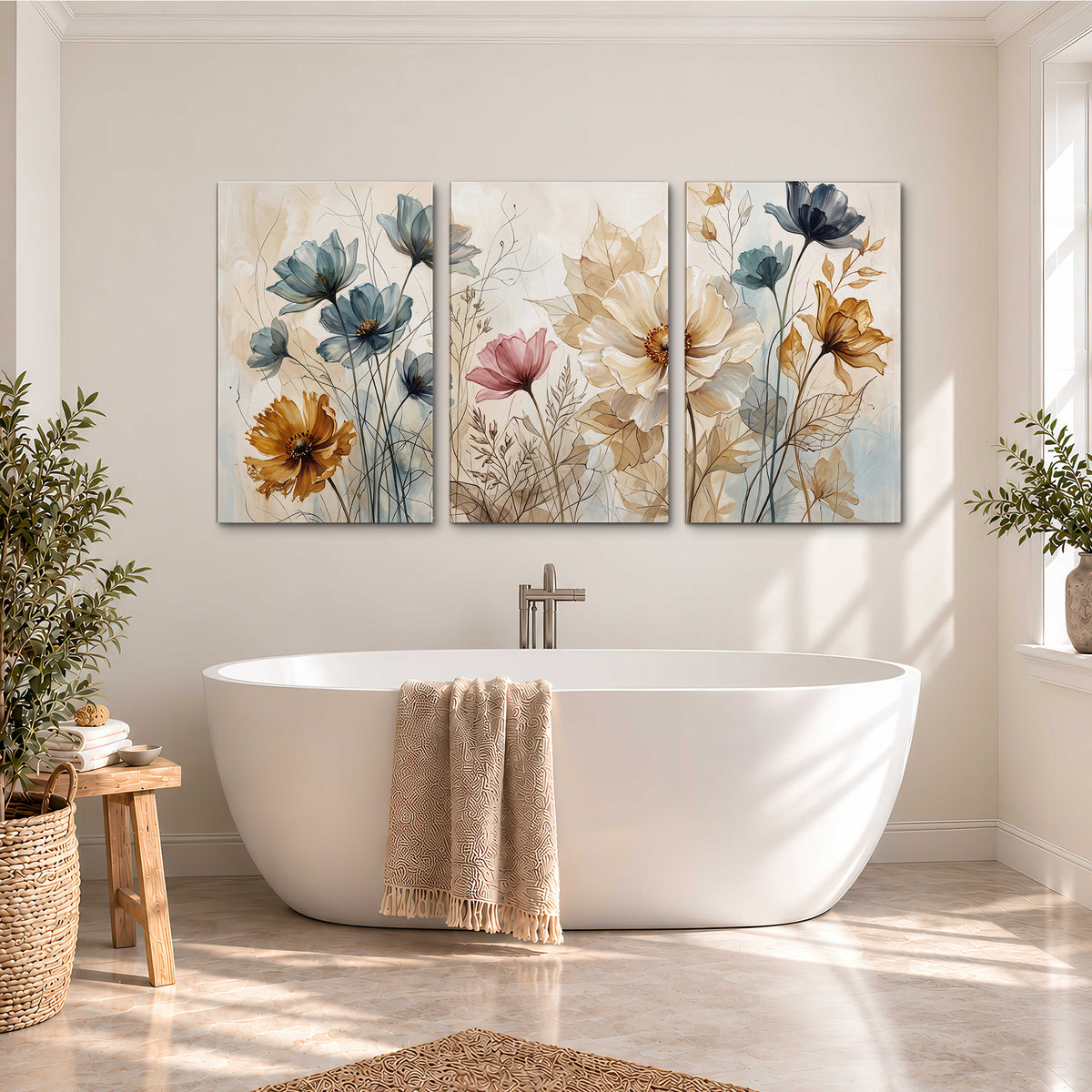 Airy blue, ochre and blush flowers on a warm cream background 3 piece canvas wall art styled in an interior