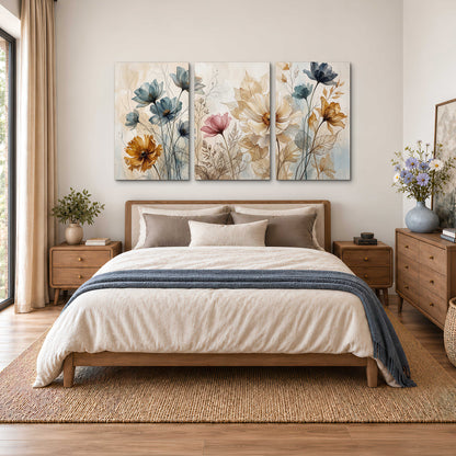 Airy blue, ochre and blush flowers on a warm cream background 3 piece canvas wall art styled in an interior