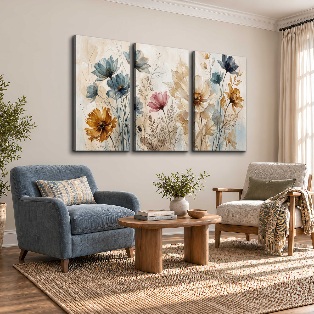 Airy blue, ochre and blush flowers on a warm cream background 3 piece canvas wall art styled in an interior