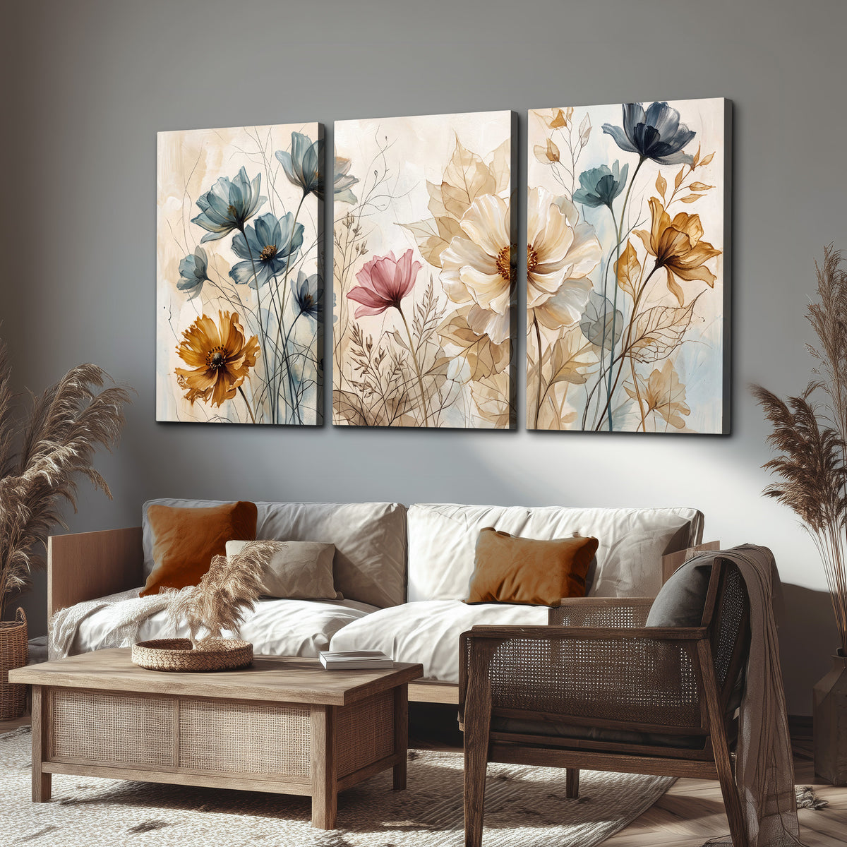 Airy blue, ochre and blush flowers on a warm cream background 3 piece canvas wall art displayed in a rustic living room