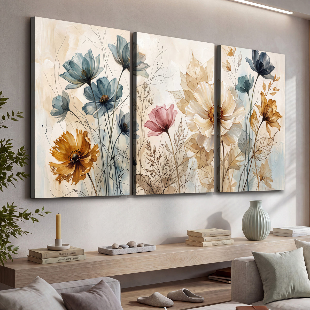 Airy blue, ochre and blush flowers on a warm cream background 3 piece canvas wall art displayed in a console
