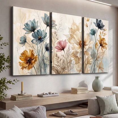 Airy blue, ochre and blush flowers on a warm cream background 3 piece canvas wall art displayed in a console