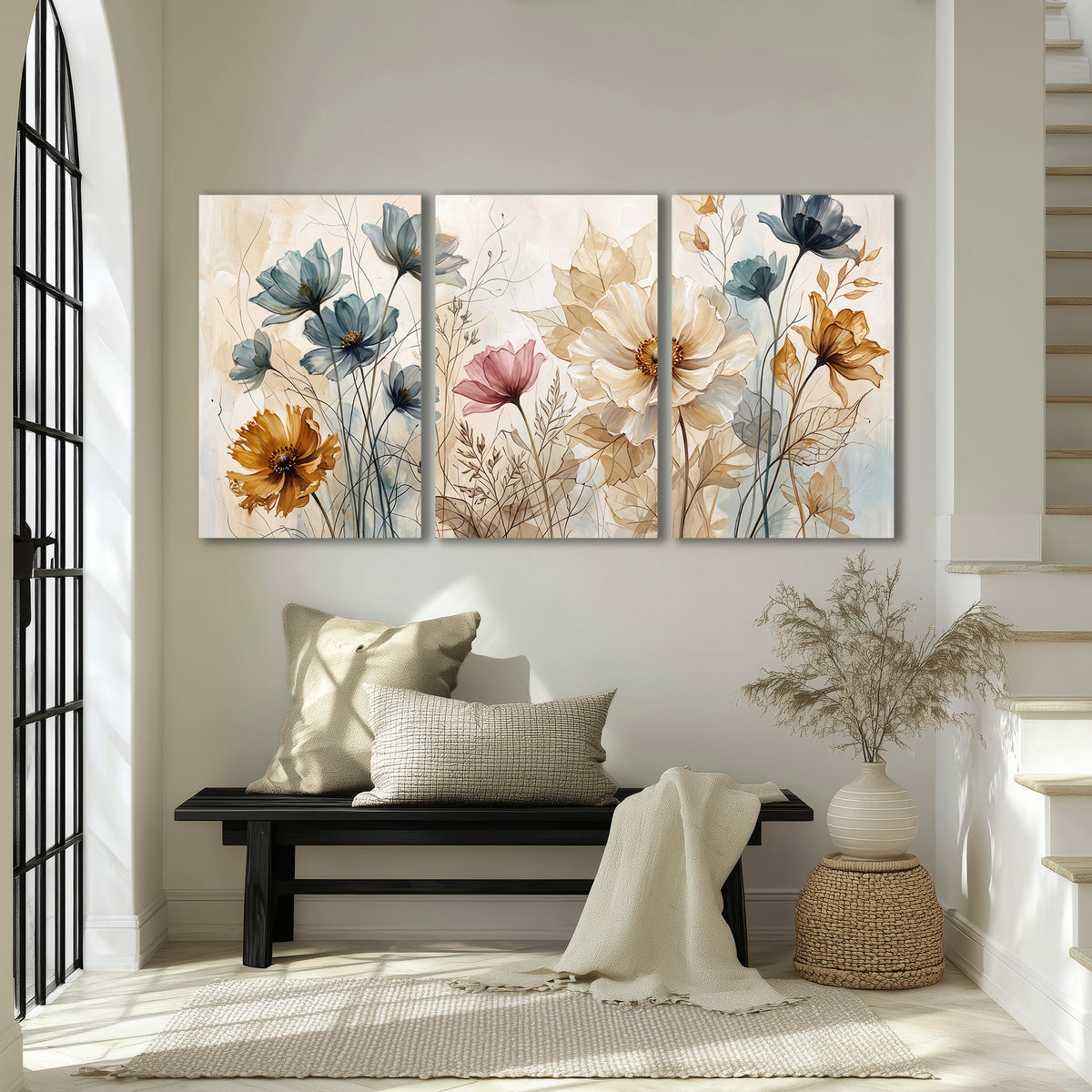 Airy blue, ochre and blush flowers on a warm cream background 3 piece canvas wall art displayed in a entryway