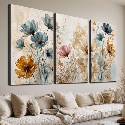Airy blue, ochre and blush flowers on a warm cream background 3 piece canvas wall art room and product view