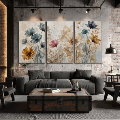 Airy blue, ochre and blush flowers on a warm cream background 3 piece canvas wall art displayed in a industrial room