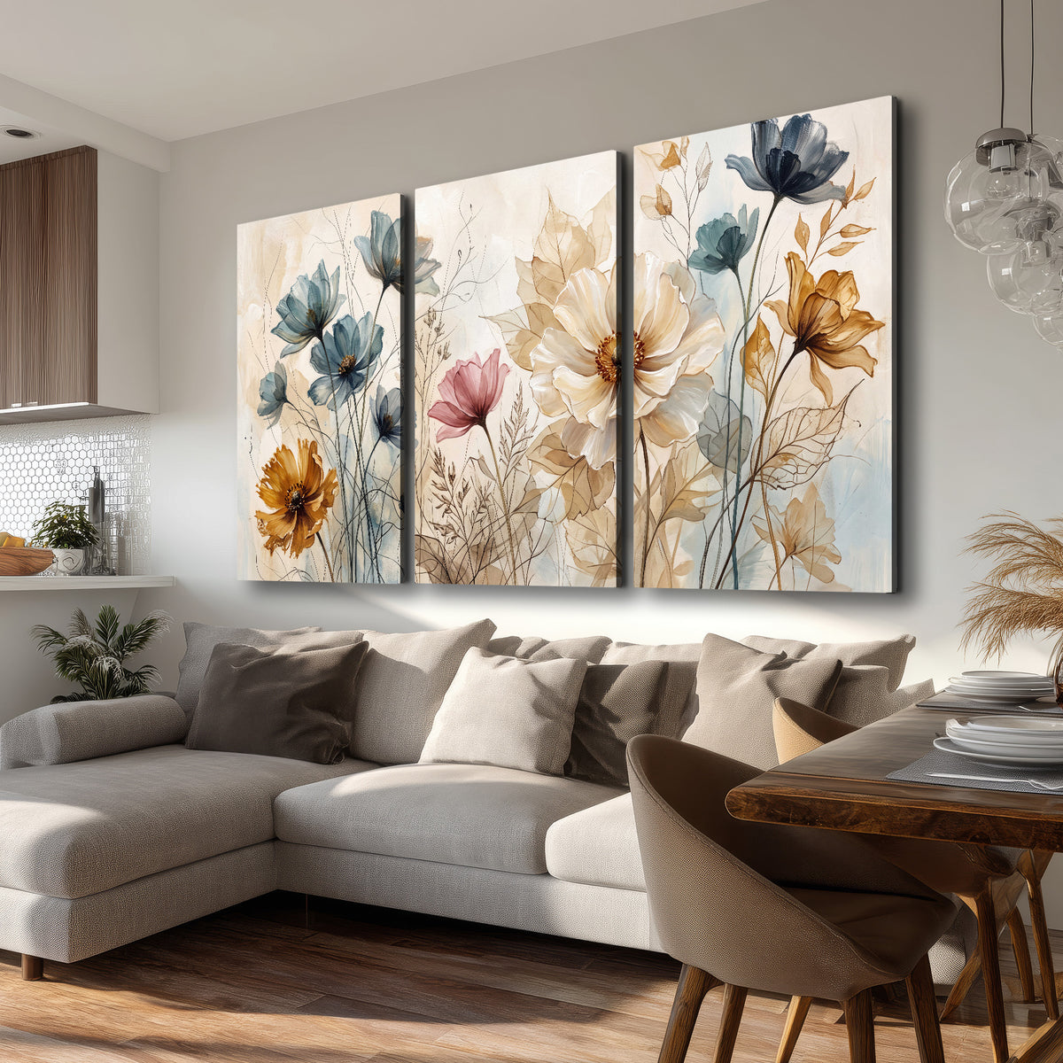 Airy blue, ochre and blush flowers on a warm cream background 3 piece canvas wall art room and product view