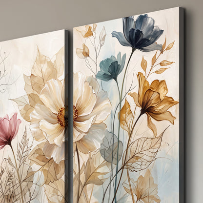 Airy blue, ochre and blush flowers on a warm cream background 3 piece canvas wall art room and product view
