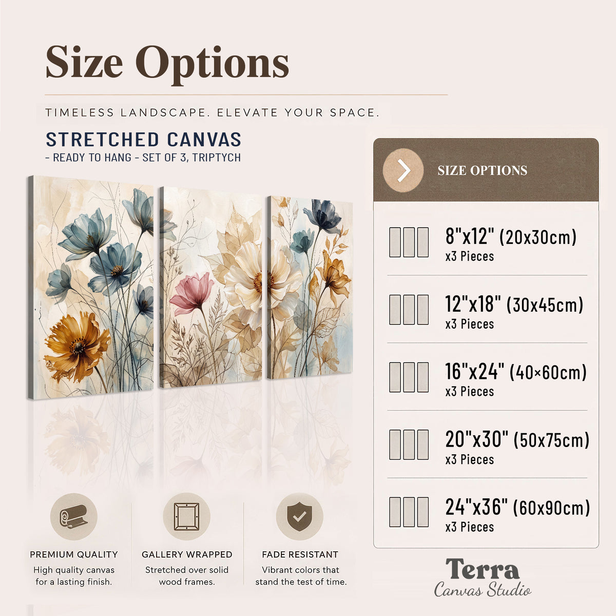 Airy blue, ochre and blush flowers on a warm cream background 3 piece canvas wall art available dimensions; triptych dimensions are per panel
