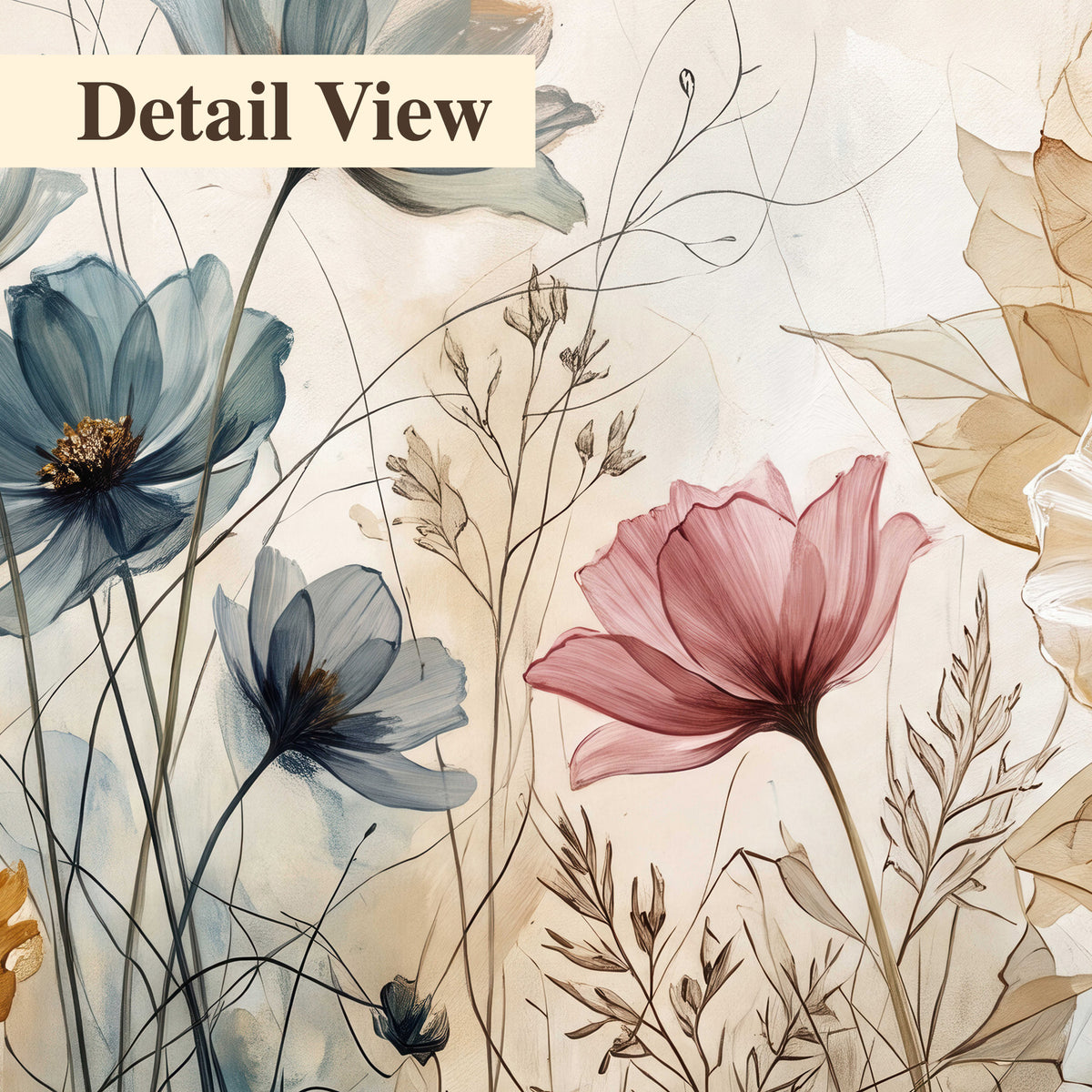 Airy blue, ochre and blush flowers on a warm cream background 3 piece canvas wall art artwork detail close up