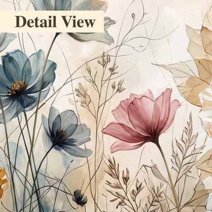 Airy blue, ochre and blush flowers on a warm cream background 3 piece canvas wall art artwork detail close up