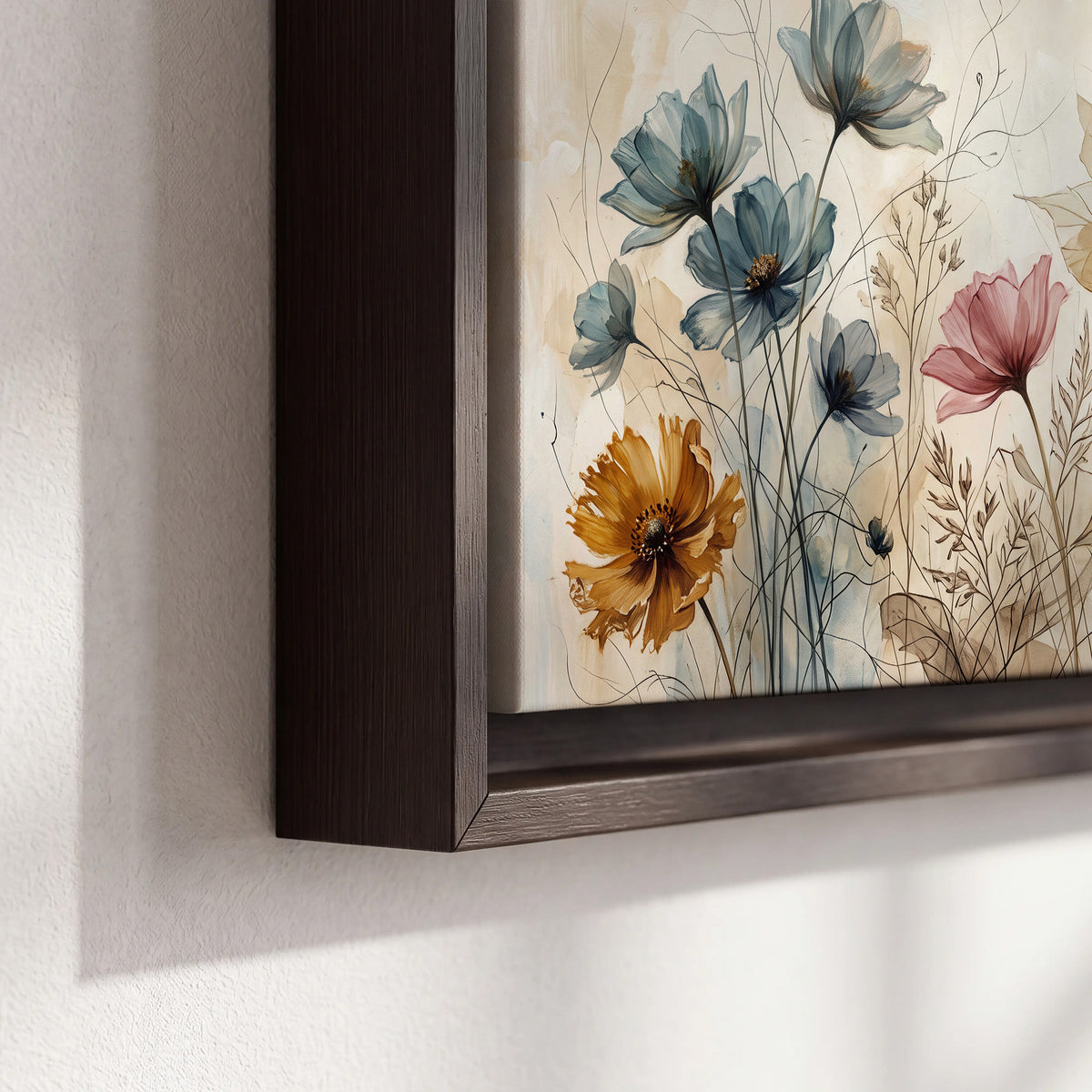 Airy blue, ochre and blush flowers on a warm cream background 3 piece framed canvas wall art material and edge close up