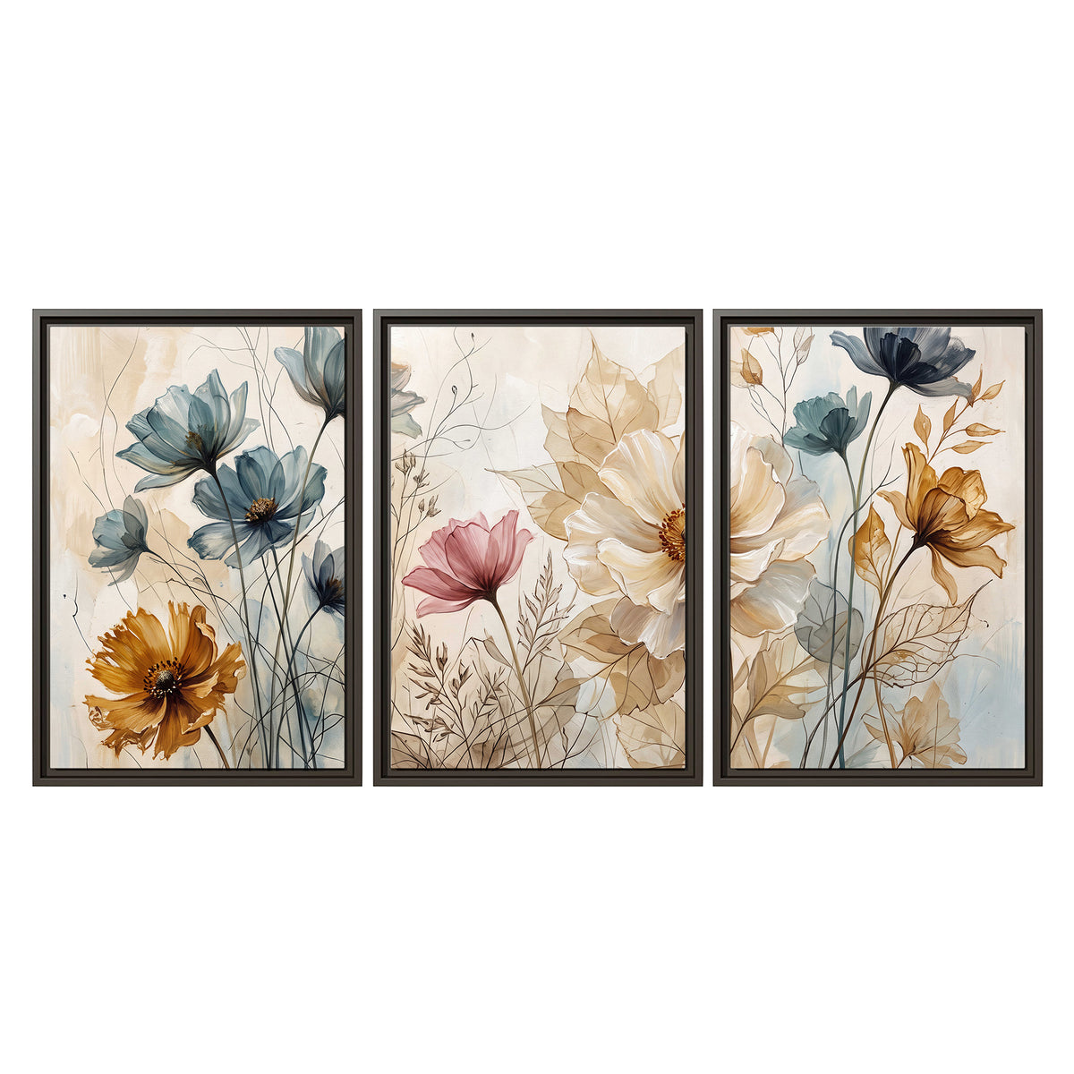 Airy blue, ochre and blush flowers on a warm cream background 3 piece framed canvas wall art viewed straight on