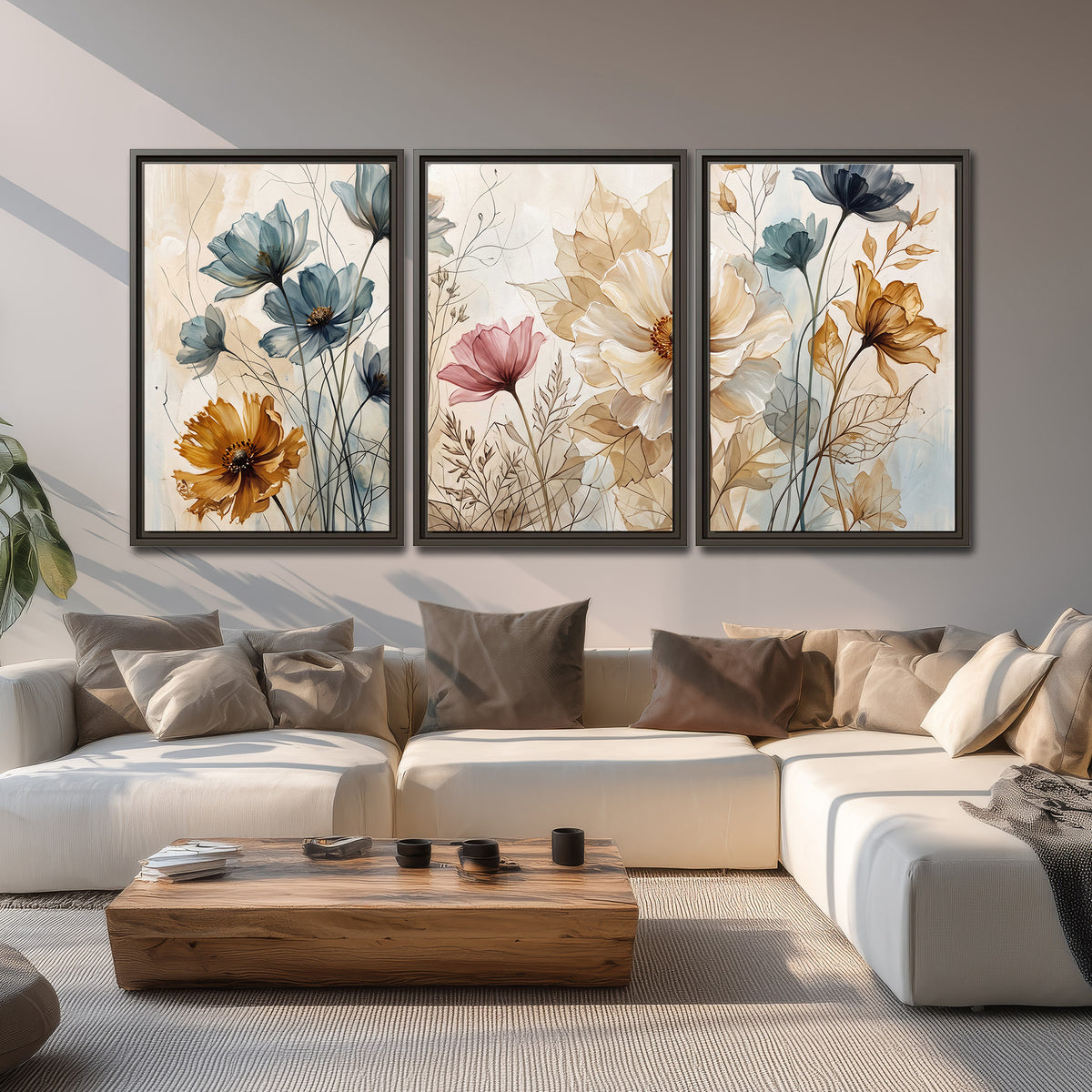 Airy blue, ochre and blush flowers on a warm cream background 3 piece framed canvas wall art displayed in a living room