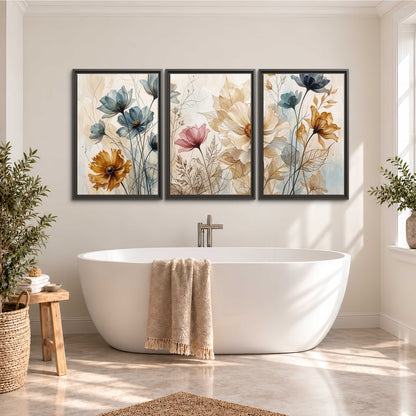 Airy blue, ochre and blush flowers on a warm cream background 3 piece framed canvas wall art styled in an interior