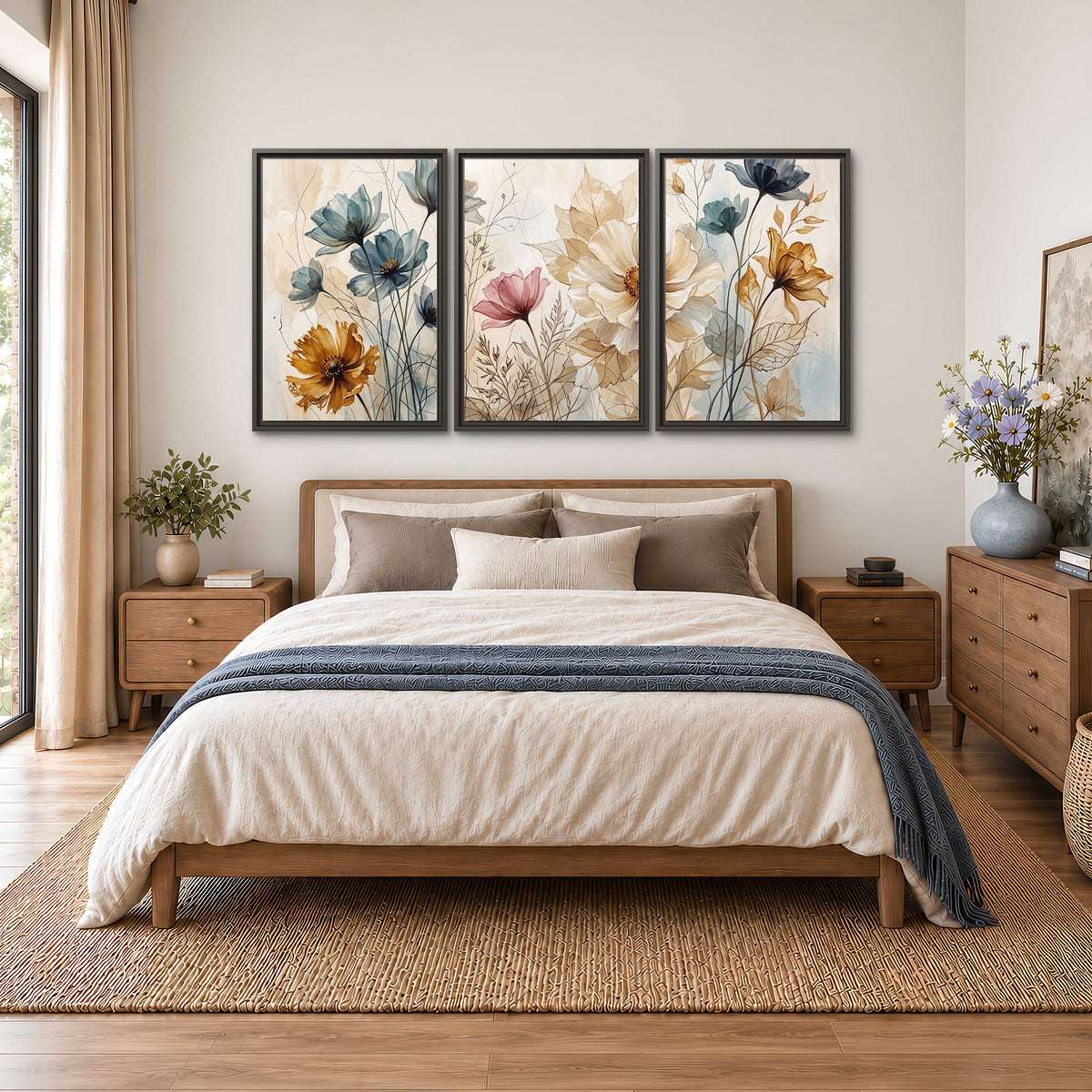 Airy blue, ochre and blush flowers on a warm cream background 3 piece framed canvas wall art styled in an interior