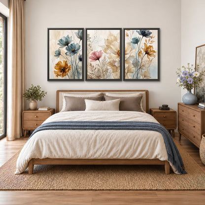 Airy blue, ochre and blush flowers on a warm cream background 3 piece framed canvas wall art styled in an interior