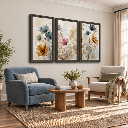 Airy blue, ochre and blush flowers on a warm cream background 3 piece framed canvas wall art styled in an interior
