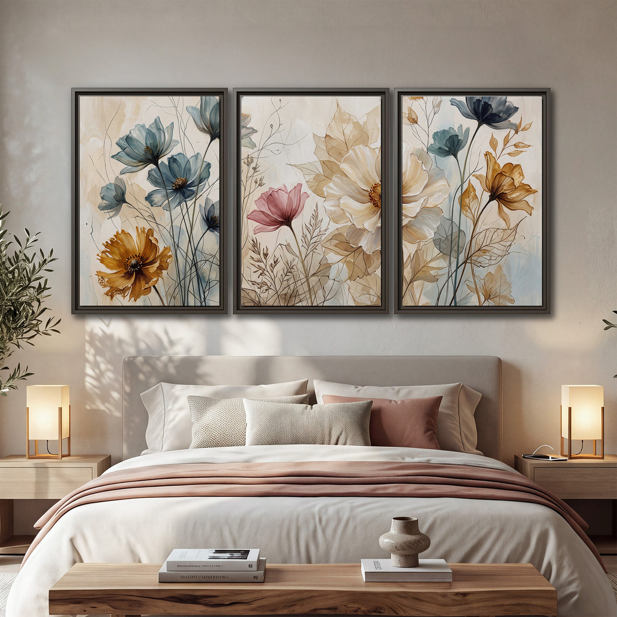 Airy blue, ochre and blush flowers on a warm cream background 3 piece framed canvas wall art displayed in a bedroom