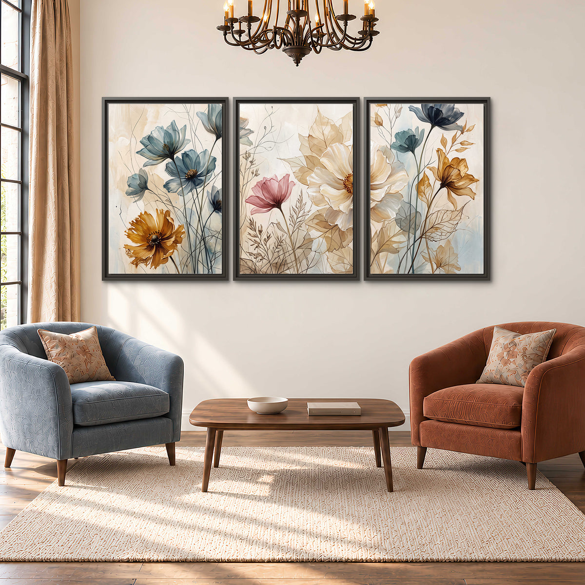 Airy blue, ochre and blush flowers on a warm cream background 3 piece framed canvas wall art styled in an interior