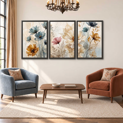 Airy blue, ochre and blush flowers on a warm cream background 3 piece framed canvas wall art styled in an interior