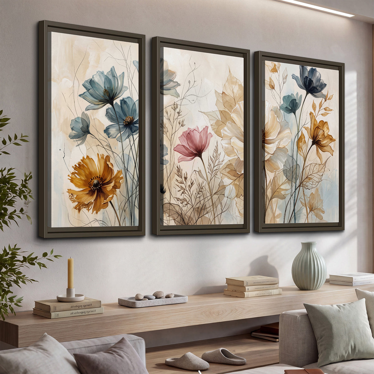Airy blue, ochre and blush flowers on a warm cream background 3 piece framed canvas wall art displayed in a console