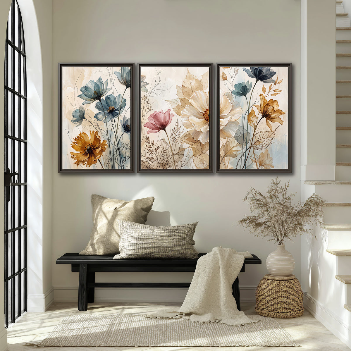 Airy blue, ochre and blush flowers on a warm cream background 3 piece framed canvas wall art displayed in a entryway
