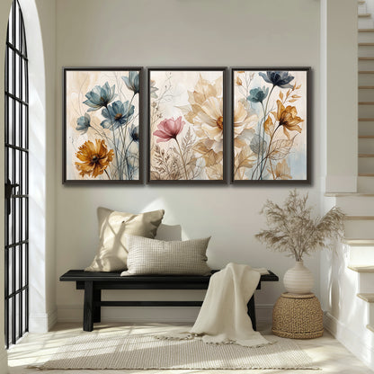 Airy blue, ochre and blush flowers on a warm cream background 3 piece framed canvas wall art displayed in a entryway