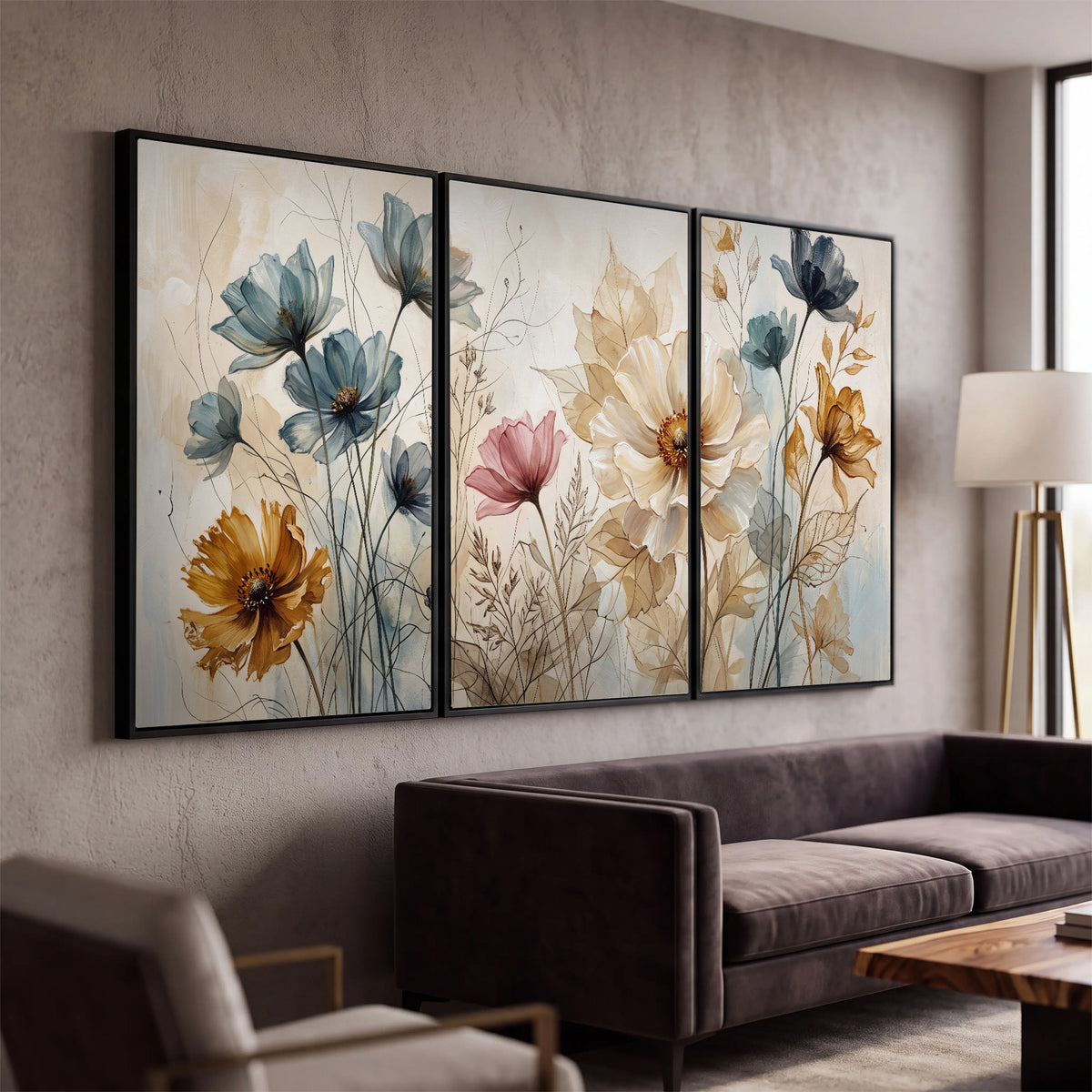 Airy blue, ochre and blush flowers on a warm cream background 3 piece framed canvas wall art displayed in a modern living room