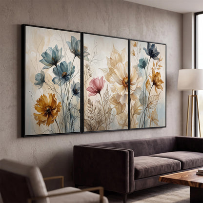 Airy blue, ochre and blush flowers on a warm cream background 3 piece framed canvas wall art displayed in a modern living room