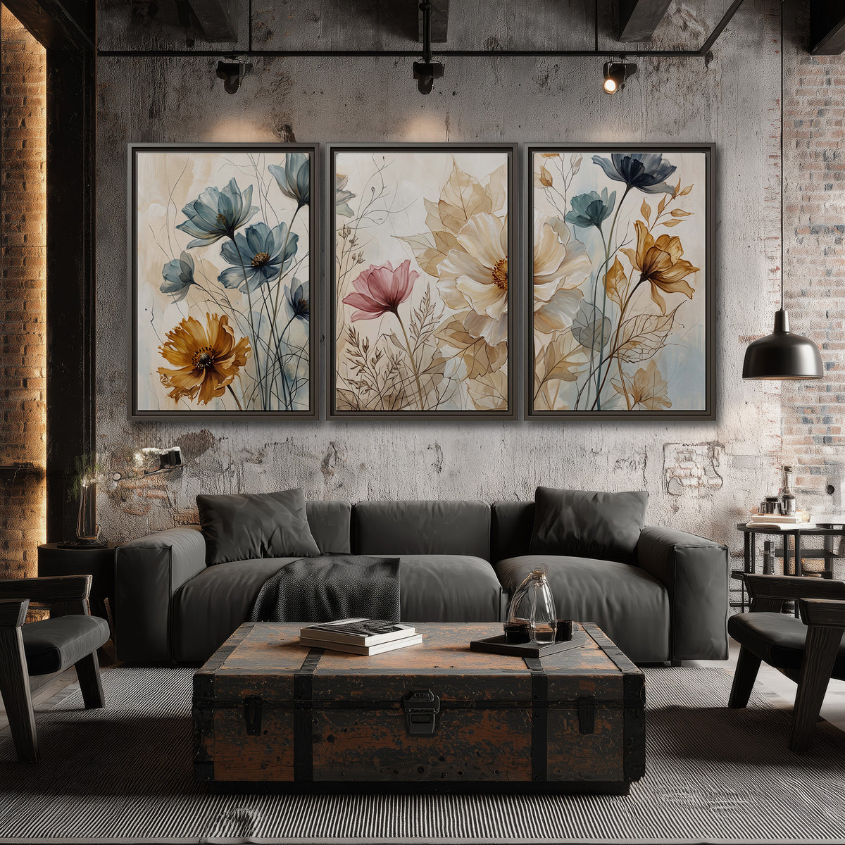 Airy blue, ochre and blush flowers on a warm cream background 3 piece framed canvas wall art displayed in a industrial room