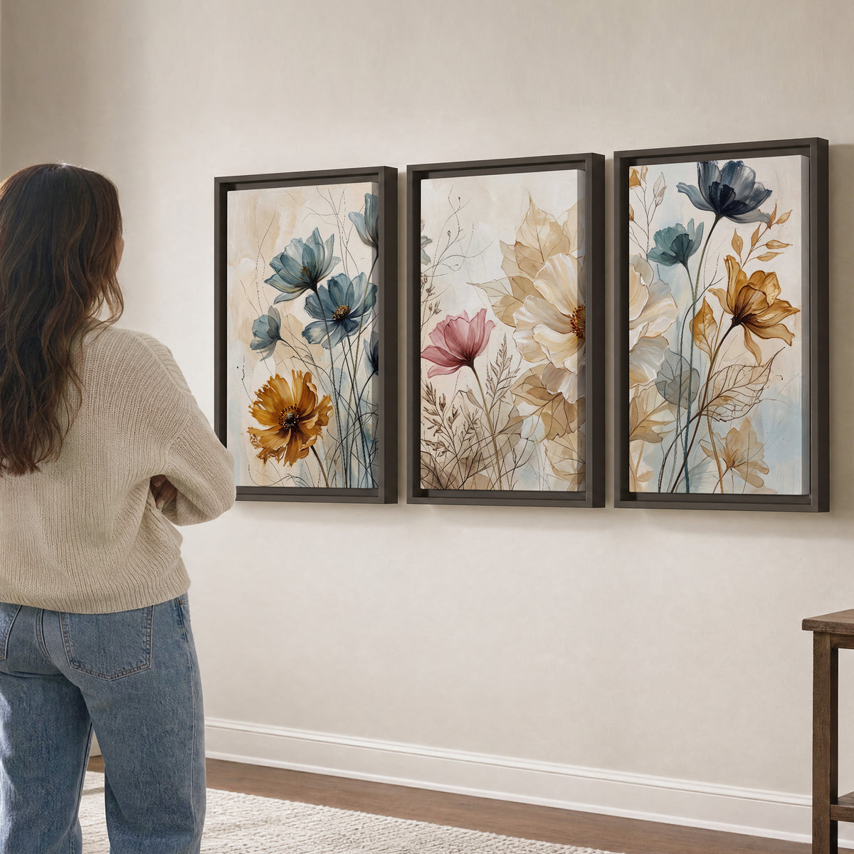 Airy blue, ochre and blush flowers on a warm cream background 3 piece framed canvas wall art three panel arrangement on a wall
