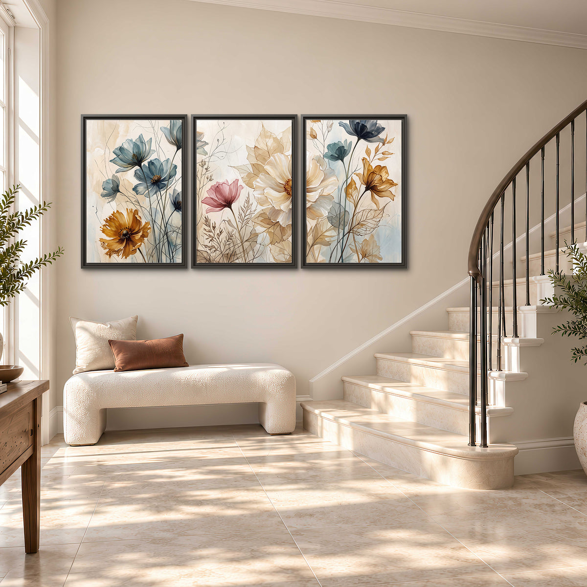 Airy blue, ochre and blush flowers on a warm cream background 3 piece framed canvas wall art styled in an interior