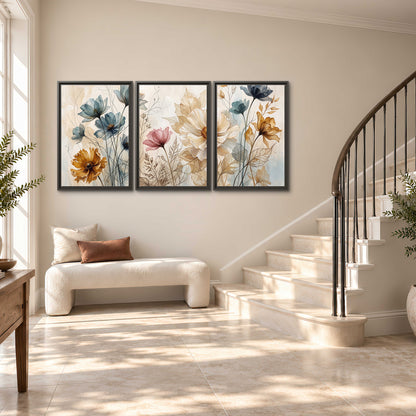 Airy blue, ochre and blush flowers on a warm cream background 3 piece framed canvas wall art styled in an interior