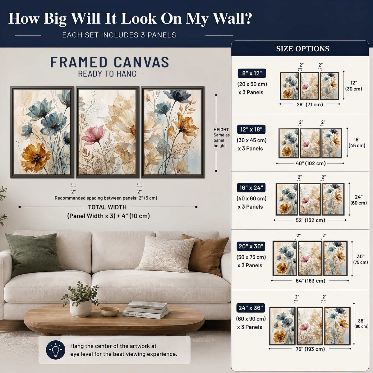 Airy blue, ochre and blush flowers on a warm cream background 3 piece framed canvas wall art size guide above a sofa; room view is illustrative