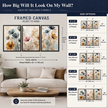 Airy blue, ochre and blush flowers on a warm cream background 3 piece framed canvas wall art size guide above a sofa; room view is illustrative