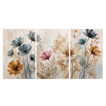 Airy blue, ochre and blush flowers on a warm cream background set of 3 poster prints viewed straight on