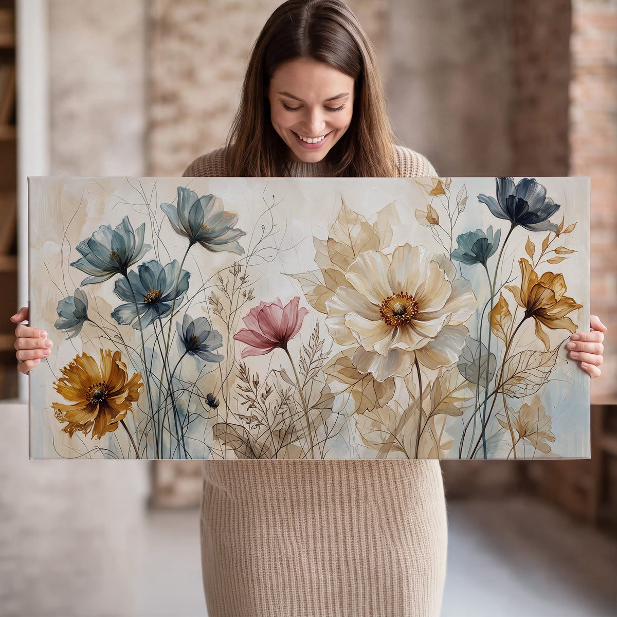 Airy blue, ochre and blush flowers on a warm cream background single canvas wall art held in hands