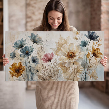 Airy blue, ochre and blush flowers on a warm cream background single canvas wall art held in hands