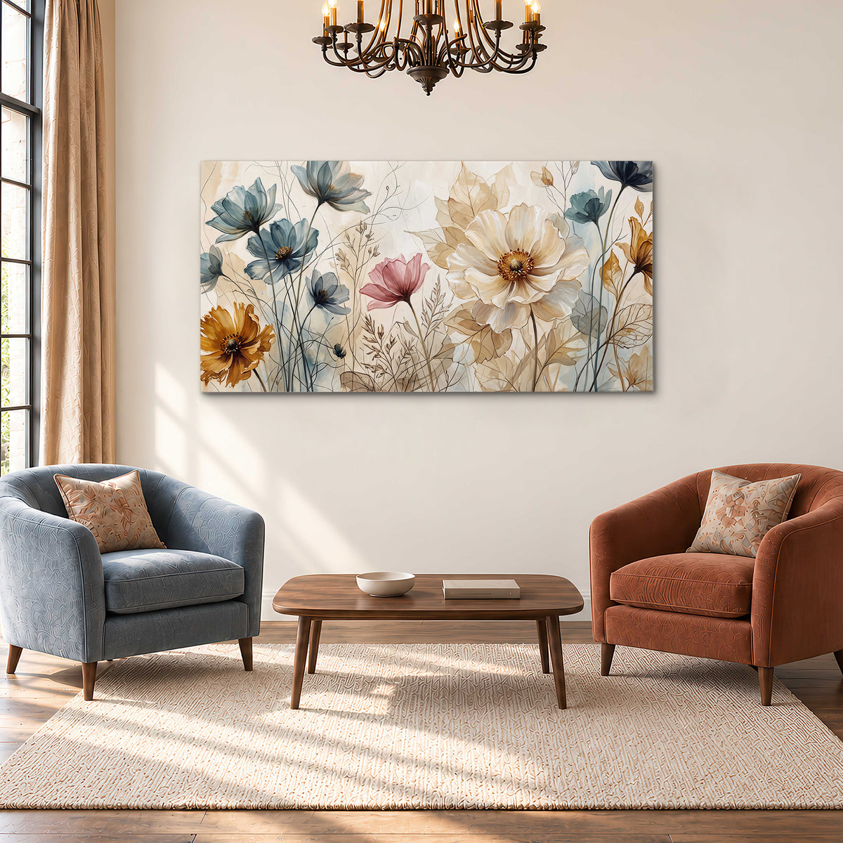 Airy blue, ochre and blush flowers on a warm cream background single canvas wall art styled in an interior