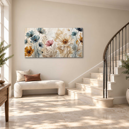 Airy blue, ochre and blush flowers on a warm cream background single canvas wall art styled in an interior