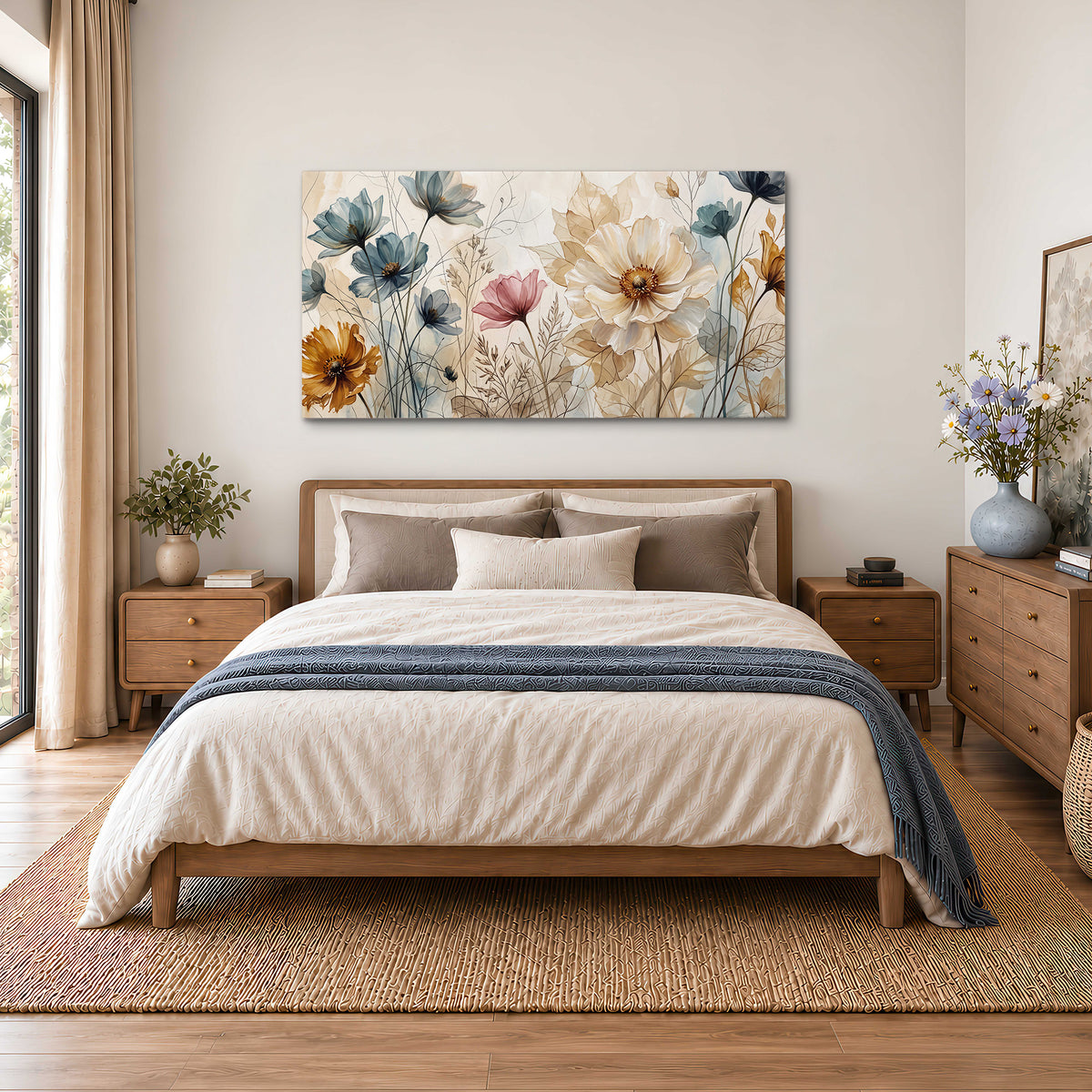 Airy blue, ochre and blush flowers on a warm cream background single canvas wall art styled in an interior