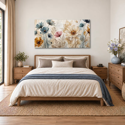 Airy blue, ochre and blush flowers on a warm cream background single canvas wall art styled in an interior