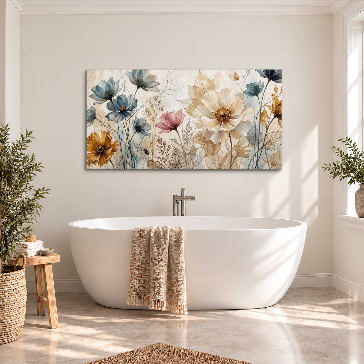 Airy blue, ochre and blush flowers on a warm cream background single canvas wall art styled in an interior